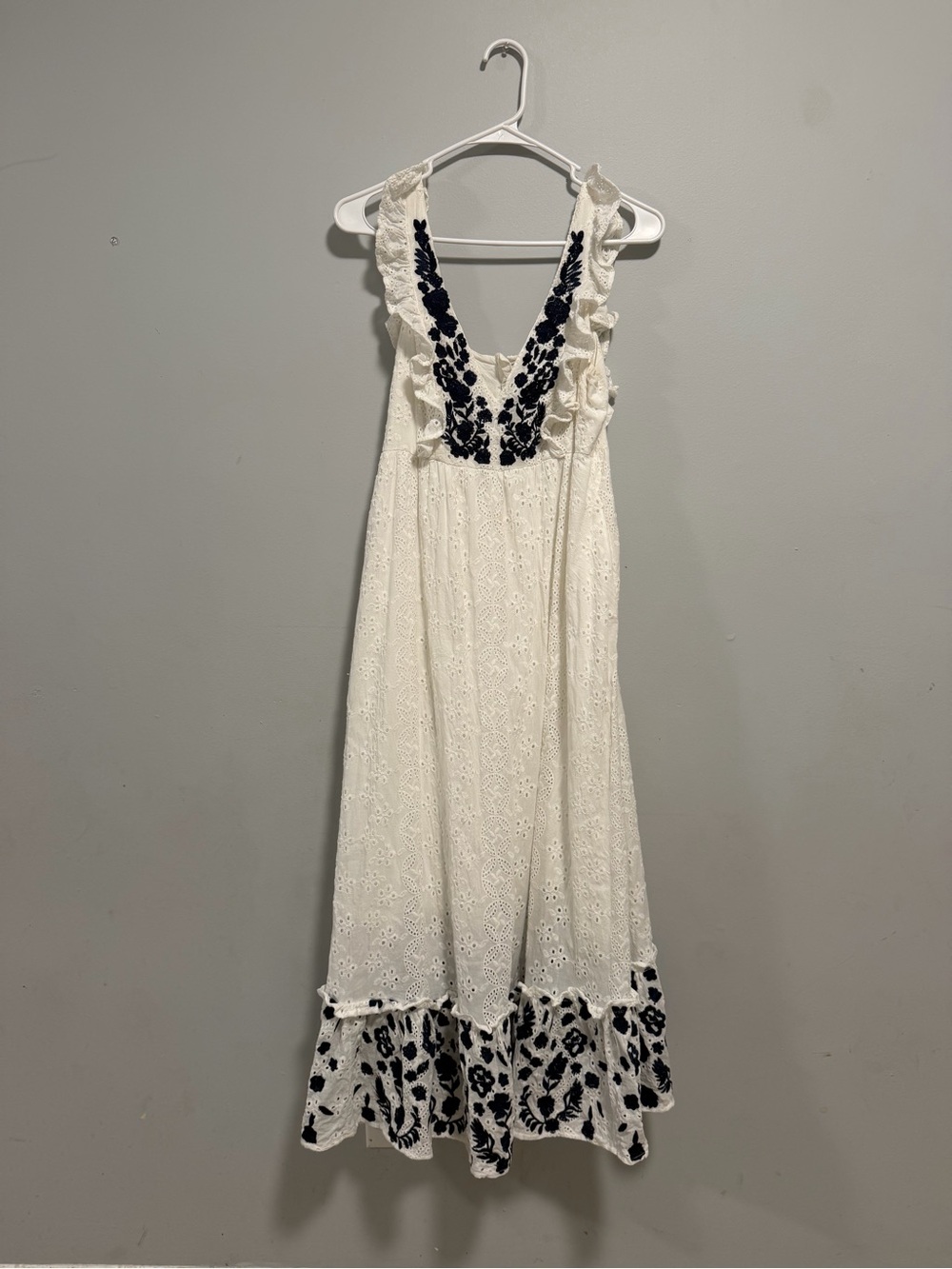 Allison New York White Maxi Eyelet Dress with black Embroidered V-Neck and Hem